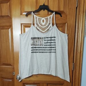 • Maurices Sleeveless Graphic Boxy, Size 3X Tank Top, Gold Studs, Crochet Back